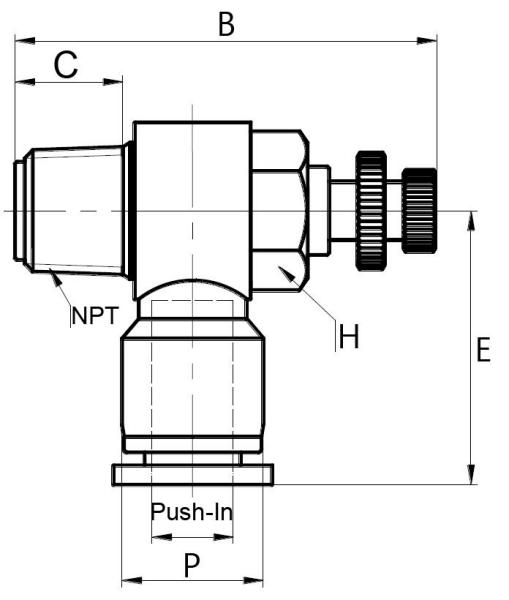 FLOW CTRL RT ANG (CPOS) 1/4 PI x 1/8 NPT M | Polyconn